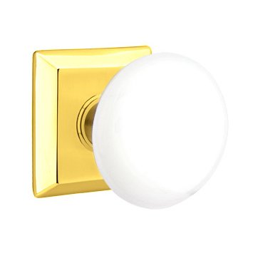Emtek Privacy Ice White Porcelain Knob With Quincy Rosette in Unlacquered Brass