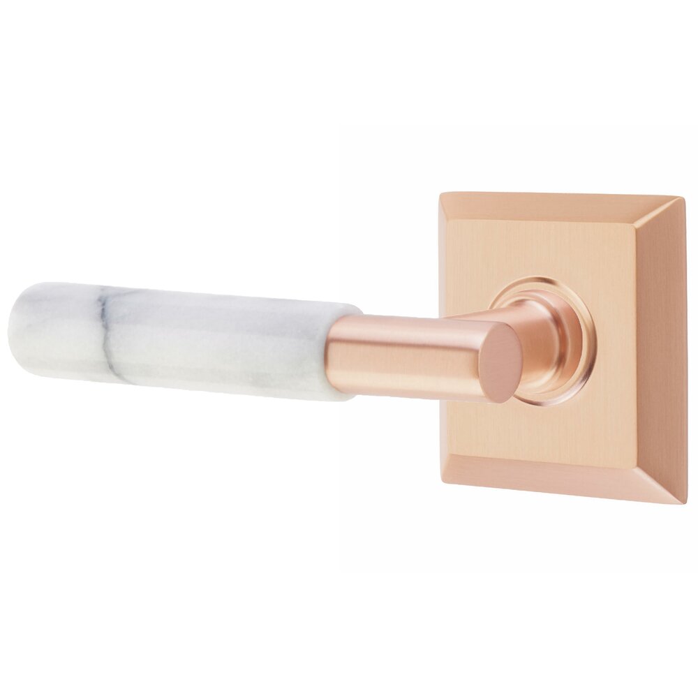 Emtek Privacy White Marble Left Handed Lever With T-Bar Stem And Quincy Rose In Satin Rose Gold