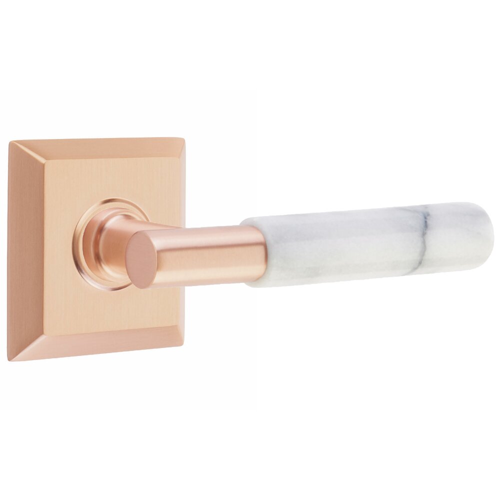 Emtek Privacy White Marble Right Handed Lever With T-Bar Stem And Quincy Rose In Satin Rose Gold