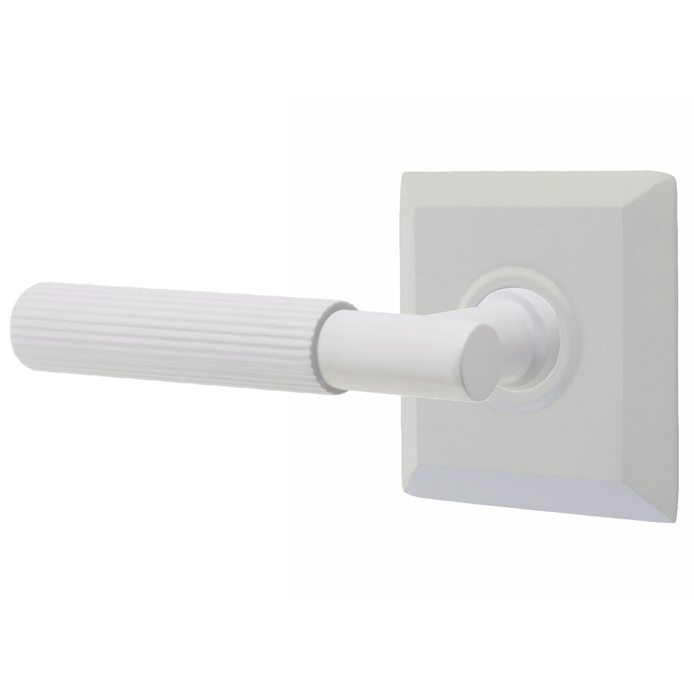 Emtek Privacy Straight Knurled Left Handed Lever With T-Bar Stem And Concealed Screw Quincy Rose In Matte White