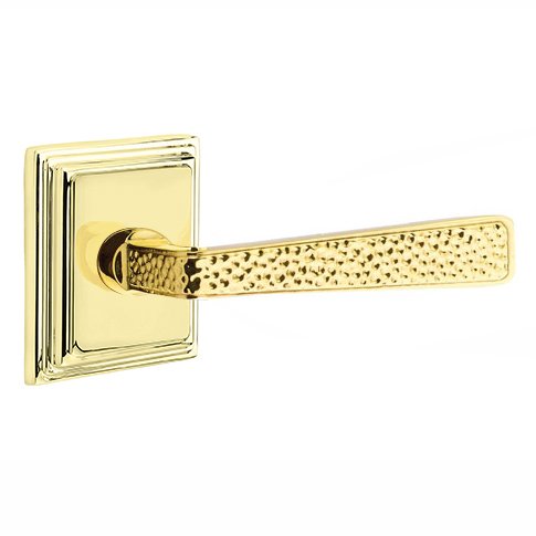 Emtek Right Handed Privacy Hammered Door Lever with Wilshire Rose in Unlacquered Brass