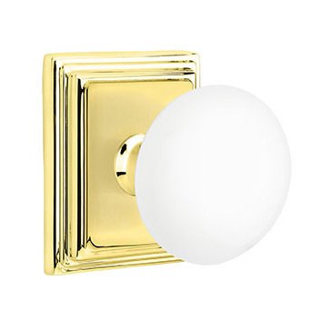 Emtek Privacy Ice White Knob And Wilshire Rosette With Concealed Screws in Unlacquered Brass
