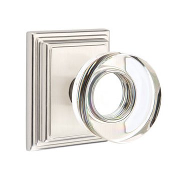 Emtek Modern Disc Glass Privacy Door Knob and Wilshire Rose with Concealed Screws in Satin Nickel