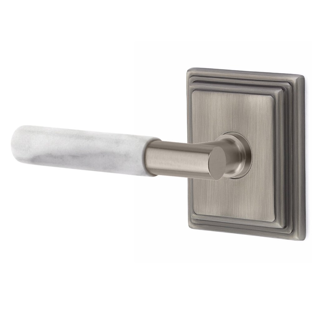 Emtek Privacy White Marble Left Handed Lever With T-Bar Stem And Wilshire Rose In Pewter