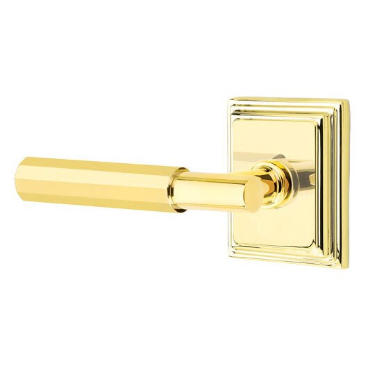 Emtek Privacy Faceted Left Handed Lever with T-Bar Stem and Wilshire Rose in Unlacquered Brass