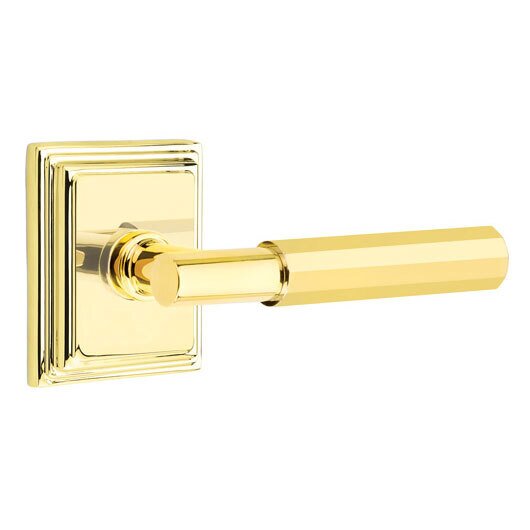 Emtek Privacy Faceted Right Handed Lever with T-Bar Stem and Wilshire Rose in Unlacquered Brass