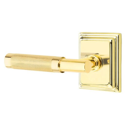 Emtek Privacy Knurled Left Handed Lever with T-Bar Stem and Wilshire Rose in Unlacquered Brass