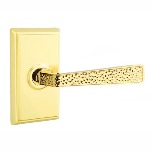 Emtek Right Handed Single Dummy  Hammered Door Lever with Rectangular Rose in Unlacquered Brass