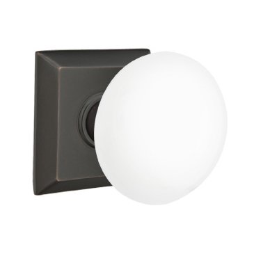 Emtek Double Dummy Ice White Porcelain Knob With Quincy Rosette in Oil Rubbed Bronze