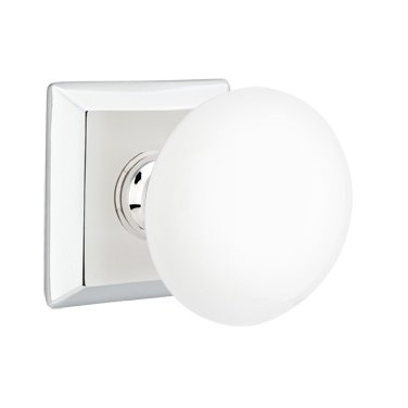 Emtek Double Dummy Ice White Porcelain Knob With Quincy Rosette in Polished Chrome