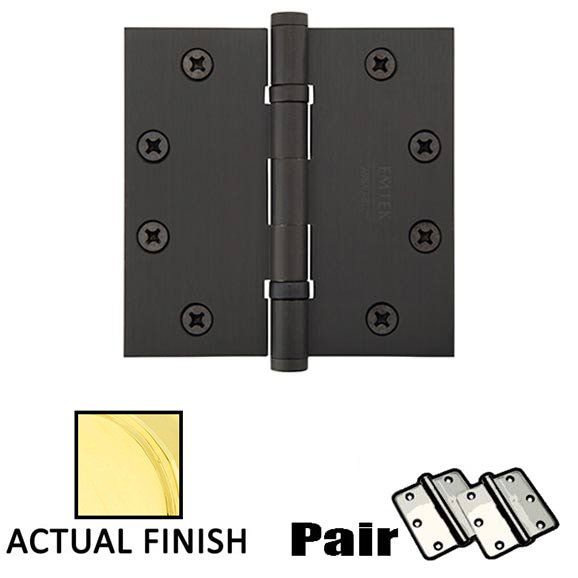 Emtek 4-1/2" X 4-1/2" Square Steel Heavy Duty Ball Bearing Hinge in Polished Brass (Sold In Pairs)
