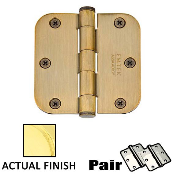 Emtek 3-1/2" X 3-1/2" 5/8" Radius Solid Brass Residential Duty Hinge in Unlacquered Brass (Sold In Pairs)