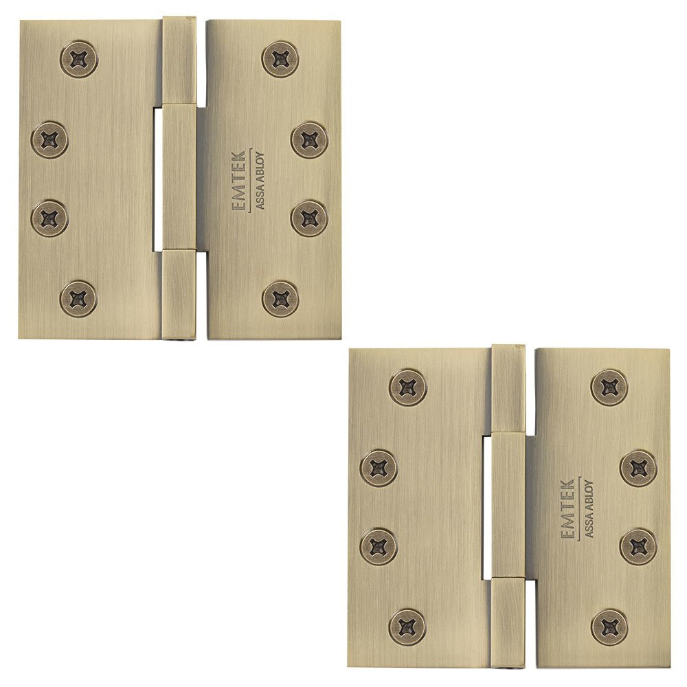 Emtek 4" x 4" Thin Leaf Square Solid Brass Heavy Duty Thin Leaf Square Barrel Hinges in French Antique Brass (Sold In Pairs)