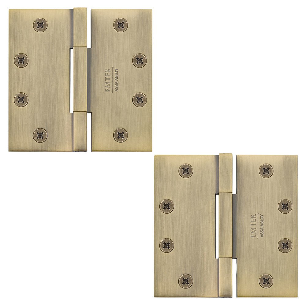 Emtek 4 1/2" x 4 1/2" Thin Leaf Square Solid Brass Heavy Duty Thin Leaf Square Barrel Hinges in French Antique Brass (Sold In Pairs)