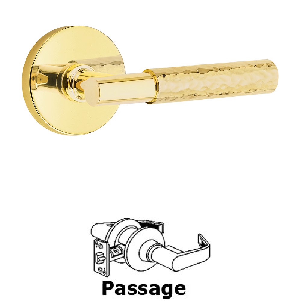 Emtek Passage Hammered Lever with T-Bar Stem and Concealed Screws Disc Rose in Unlacquered Brass
