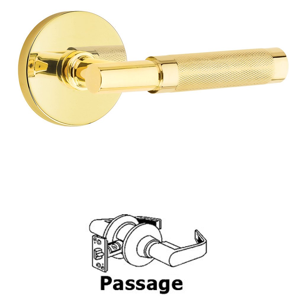 Emtek Passage Knurled Lever with T-Bar Stem and Concealed Screws Disc Rose in Unlacquered Brass