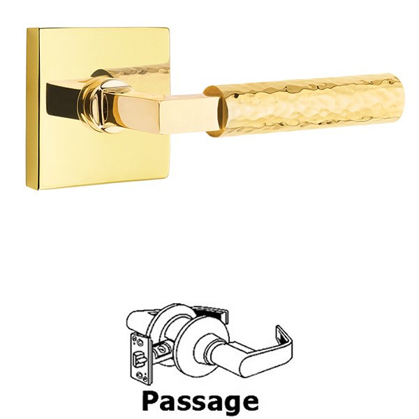 Emtek Passage Hammered Lever with L-Square Stem and Concealed Screws Square Rose in Unlacquered Brass