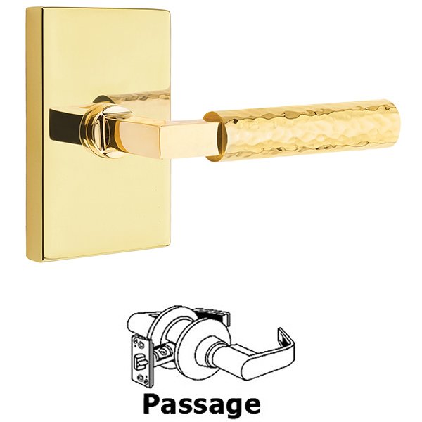 Emtek Passage Hammered Lever with L-Square Stem and Concealed Screws Modern Rectangular Rose in Unlacquered Brass
