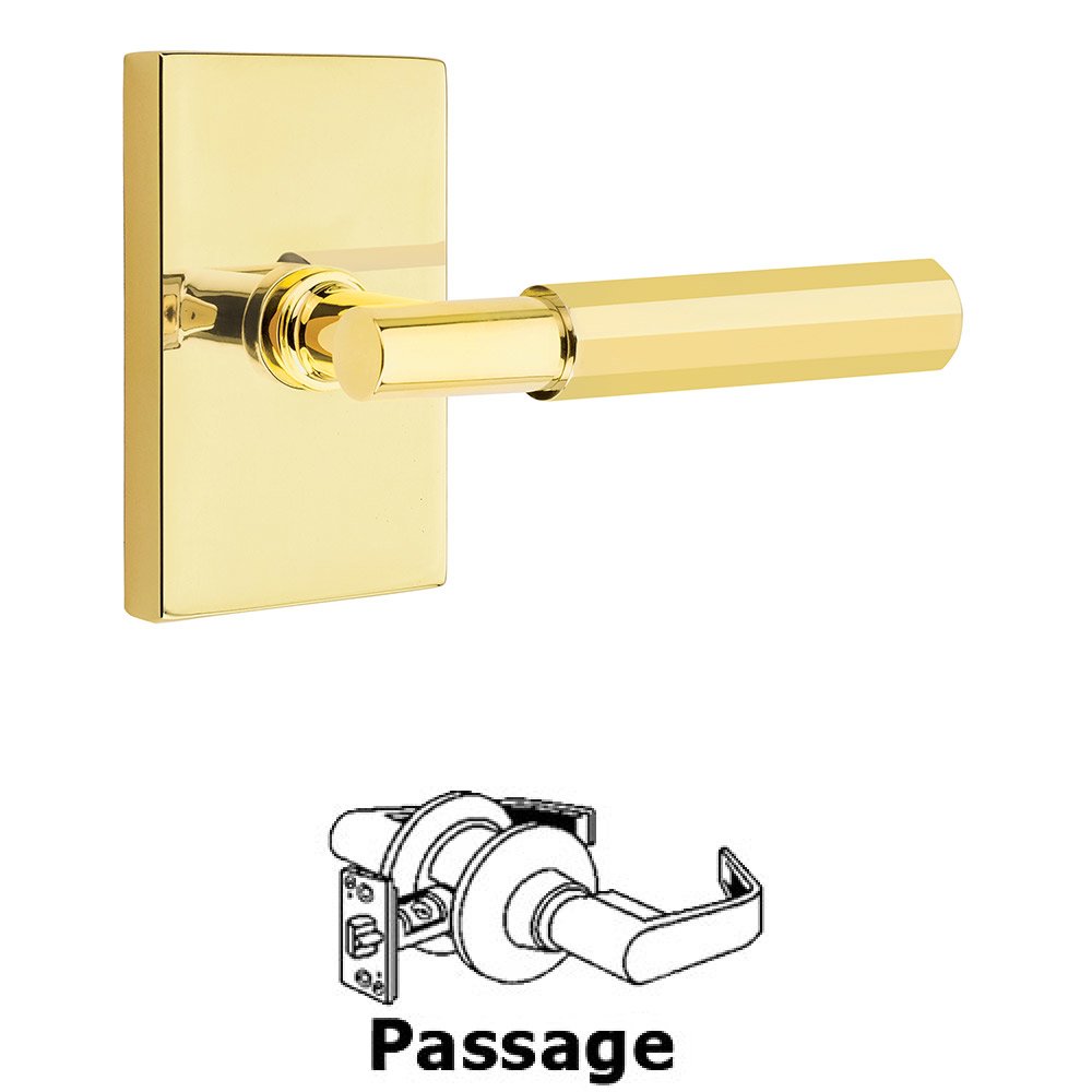 Emtek Passage Faceted Lever with T-Bar Stem and Concealed Screws Modern Rectangular Rose in Unlacquered Brass