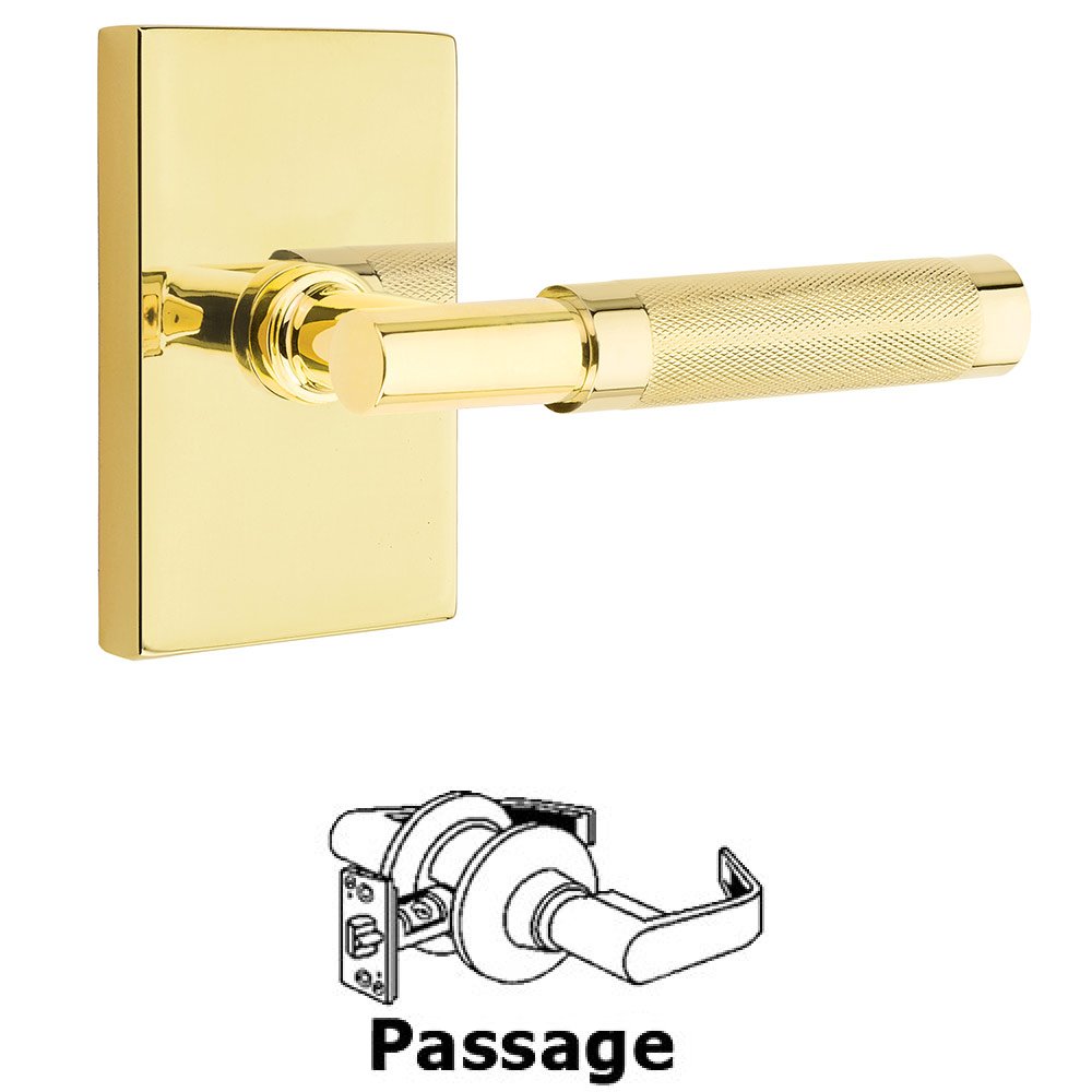 Emtek Passage Knurled Lever with T-Bar Stem and Concealed Screws Modern Rectangular Rose in Unlacquered Brass
