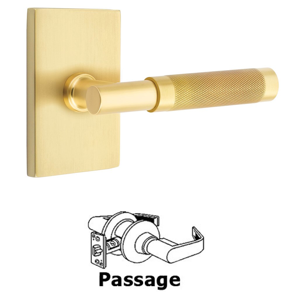 Emtek Passage Knurled Lever with T-Bar Stem and Concealed Screws Modern Rectangular Rose in Satin Brass