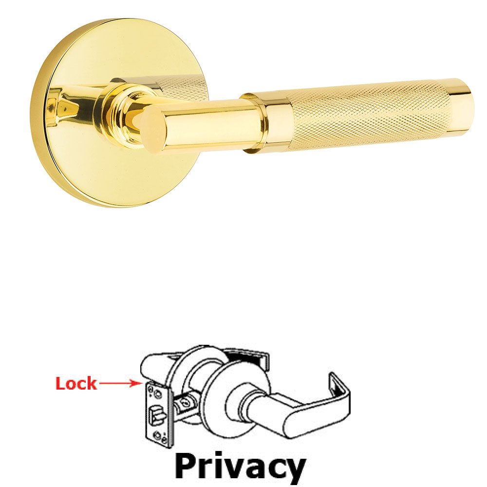 Emtek Privacy Knurled Lever with T-Bar Stem and Concealed Screws Disc Rose in Unlacquered Brass