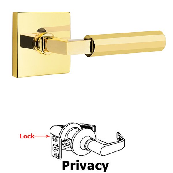 Emtek Privacy Faceted Lever with L-Square Stem and Concealed Screws Square Rose in Unlacquered Brass