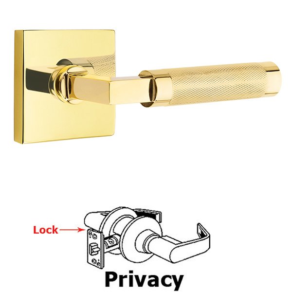 Emtek Privacy Knurled Lever with L-Square Stem and Concealed Screws Square Rose in Unlacquered Brass