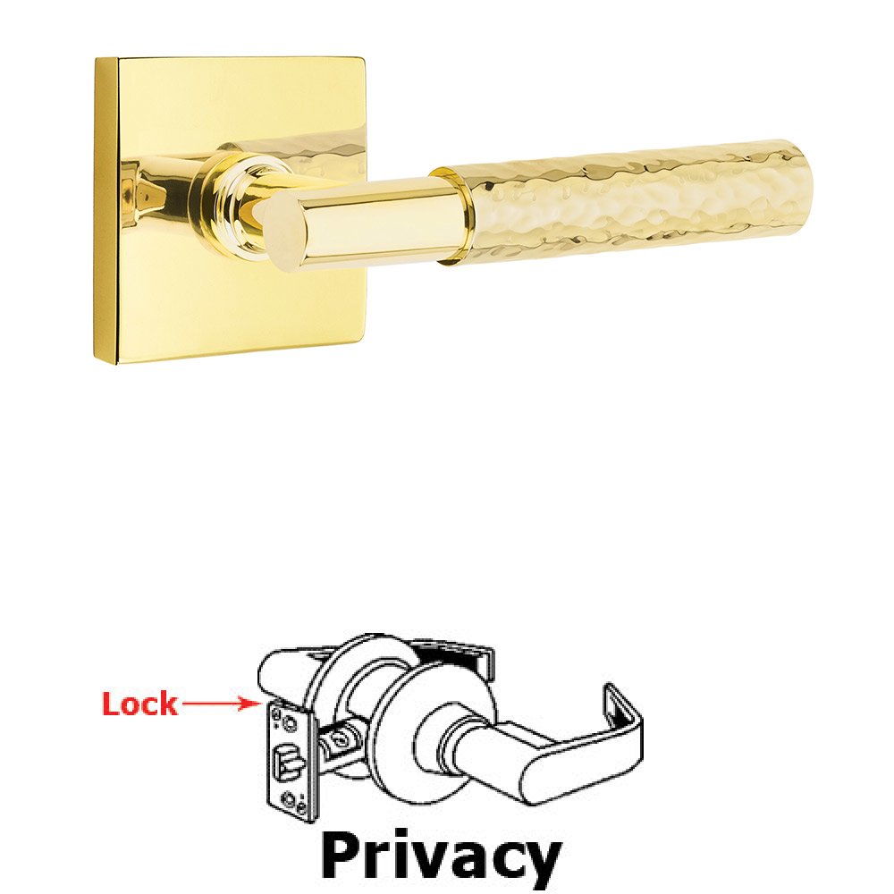 Emtek Privacy Hammered Lever with T-Bar Stem and Concealed Screws Square Rose in Unlacquered Brass