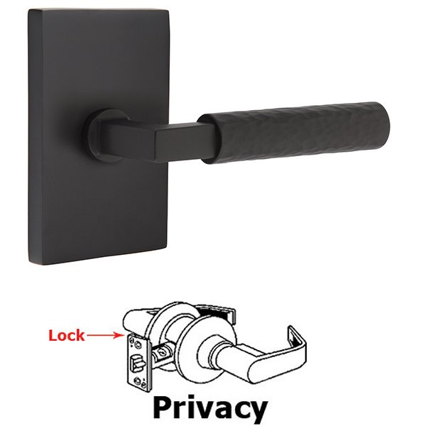 Emtek Privacy Hammered Lever with L-Square Stem and Concealed Screws Modern Rectangular Rose in Flat Black