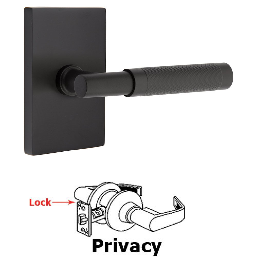 Emtek Privacy Knurled Lever with T-Bar Stem and Concealed Screws Modern Rectangular Rose in Flat Black