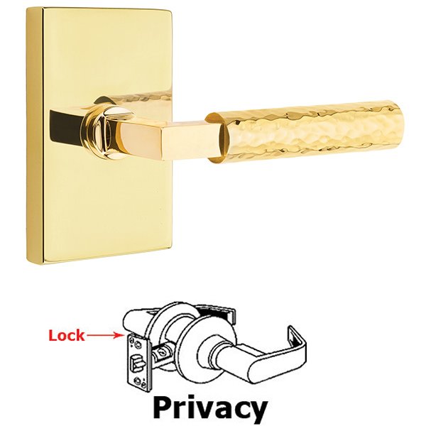 Emtek Privacy Hammered Lever with L-Square Stem and Concealed Screws Modern Rectangular Rose in Unlacquered Brass