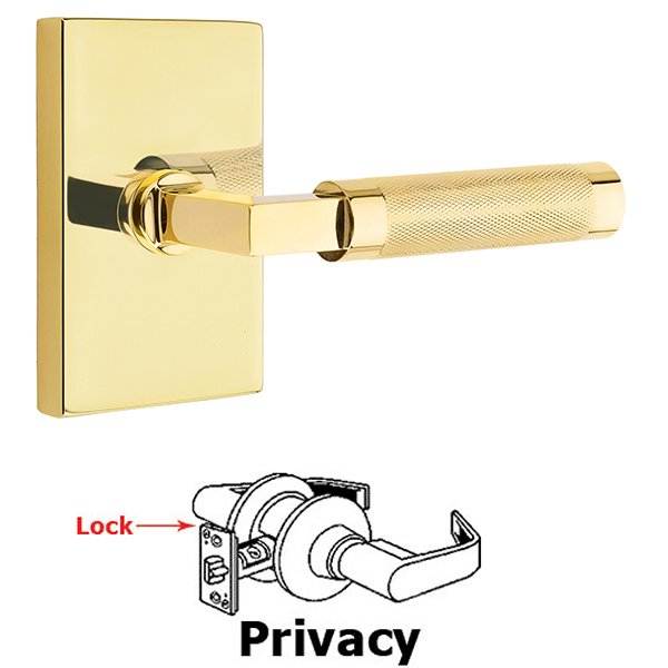 Emtek Privacy Knurled Lever with L-Square Stem and Concealed Screws Modern Rectangular Rose in Unlacquered Brass