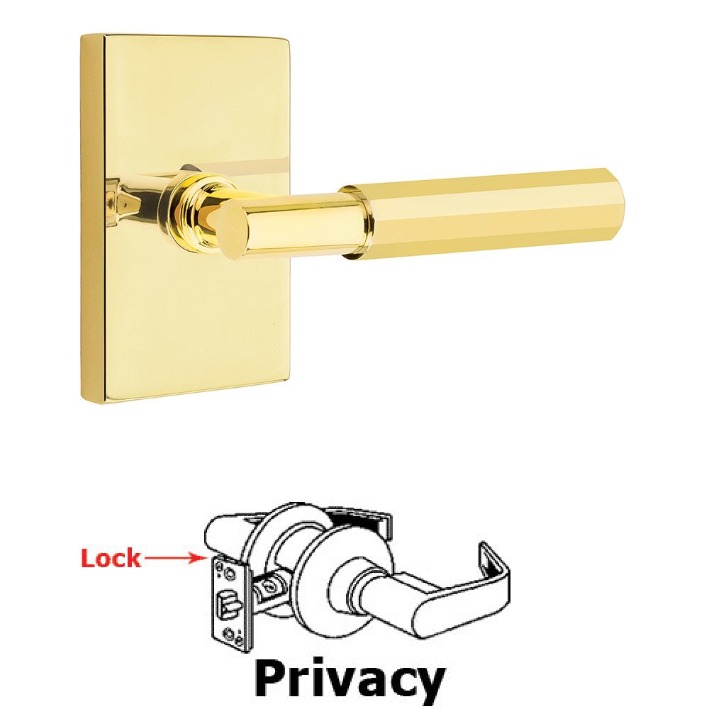 Emtek Privacy Faceted Lever with T-Bar Stem and Concealed Screws Modern Rectangular Rose in Unlacquered Brass