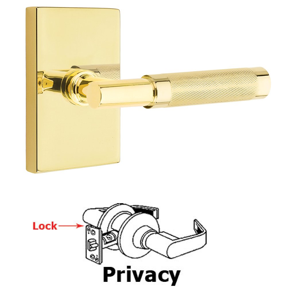 Emtek Privacy Knurled Lever with T-Bar Stem and Concealed Screws Modern Rectangular Rose in Unlacquered Brass
