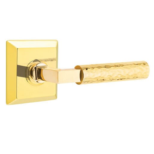 Emtek Passage Hammered Lever with L-Square Stem and Concealed Screws Quincy Rose in Unlacquered Brass