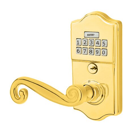 Emtek Rustic Left Hand Classic Lever with Electronic Keypad Lock in Polished Brass