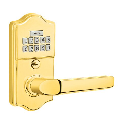 Emtek Milano Right Hand Classic Lever Storeroom Electronic Keypad Lock in Polished Brass