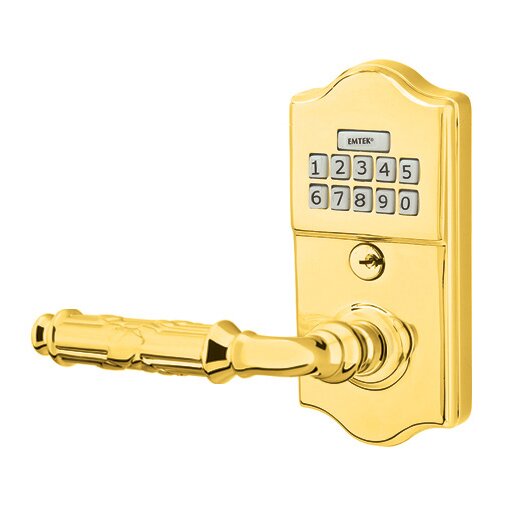 Emtek Ribbon & Reed Left Hand Classic Lever Storeroom Electronic Keypad Lock in Polished Brass