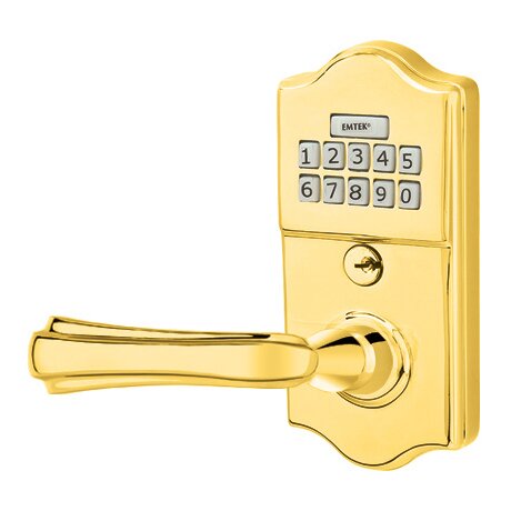 Emtek Wembley Left Hand Classic Lever Storeroom Electronic Keypad Lock in Polished Brass