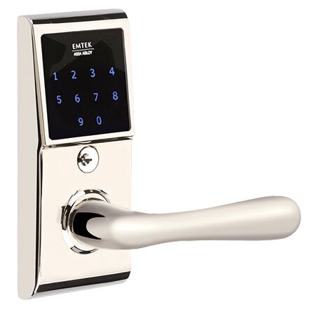 Emtek Basel Right Hand Emtouch Lever with Electronic Touchscreen Lock in Polished Nickel