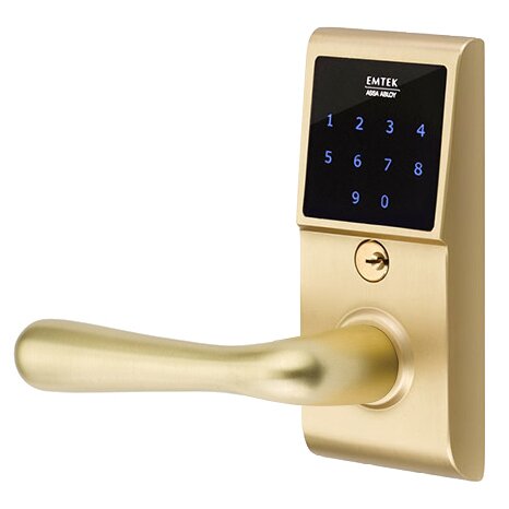 Emtek Basel Left Hand Emtouch Lever with Electronic Touchscreen Lock in Satin Brass