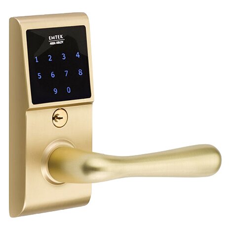 Emtek Basel Right Hand Emtouch Lever with Electronic Touchscreen Lock in Satin Brass