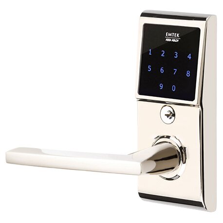 Emtek Helios Left Hand Emtouch Lever with Electronic Touchscreen Lock in Polished Nickel