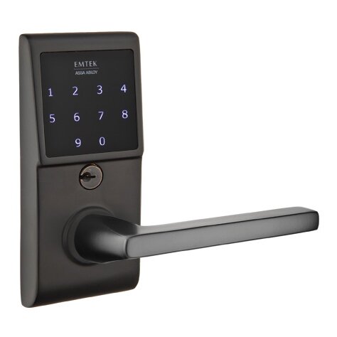 Emtek Helios Right Hand Emtouch Lever with Electronic Touchscreen Lock in Flat Black