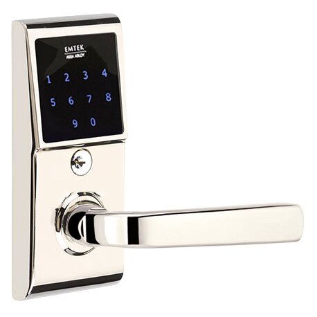 Emtek Sion Right Hand Emtouch Lever with Electronic Touchscreen Lock in Polished Nickel