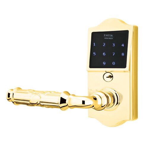 Emtek EMTouch Classic Keypad with Left Handed Ribbon & Reed Lever Storeroom in Polished Brass