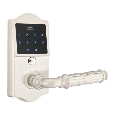 Emtek EMTouch Classic Keypad with Right Handed Ribbon & Reed Lever Storeroom in Satin Nickel