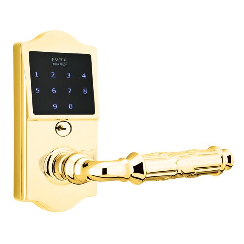 Emtek EMTouch Classic Keypad with Right Handed Ribbon & Reed Lever Storeroom in Polished Brass