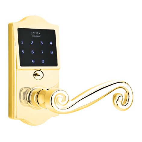 Emtek EMTouch Classic Keypad with Right Handed Rustic Lever Storeroom in Polished Brass